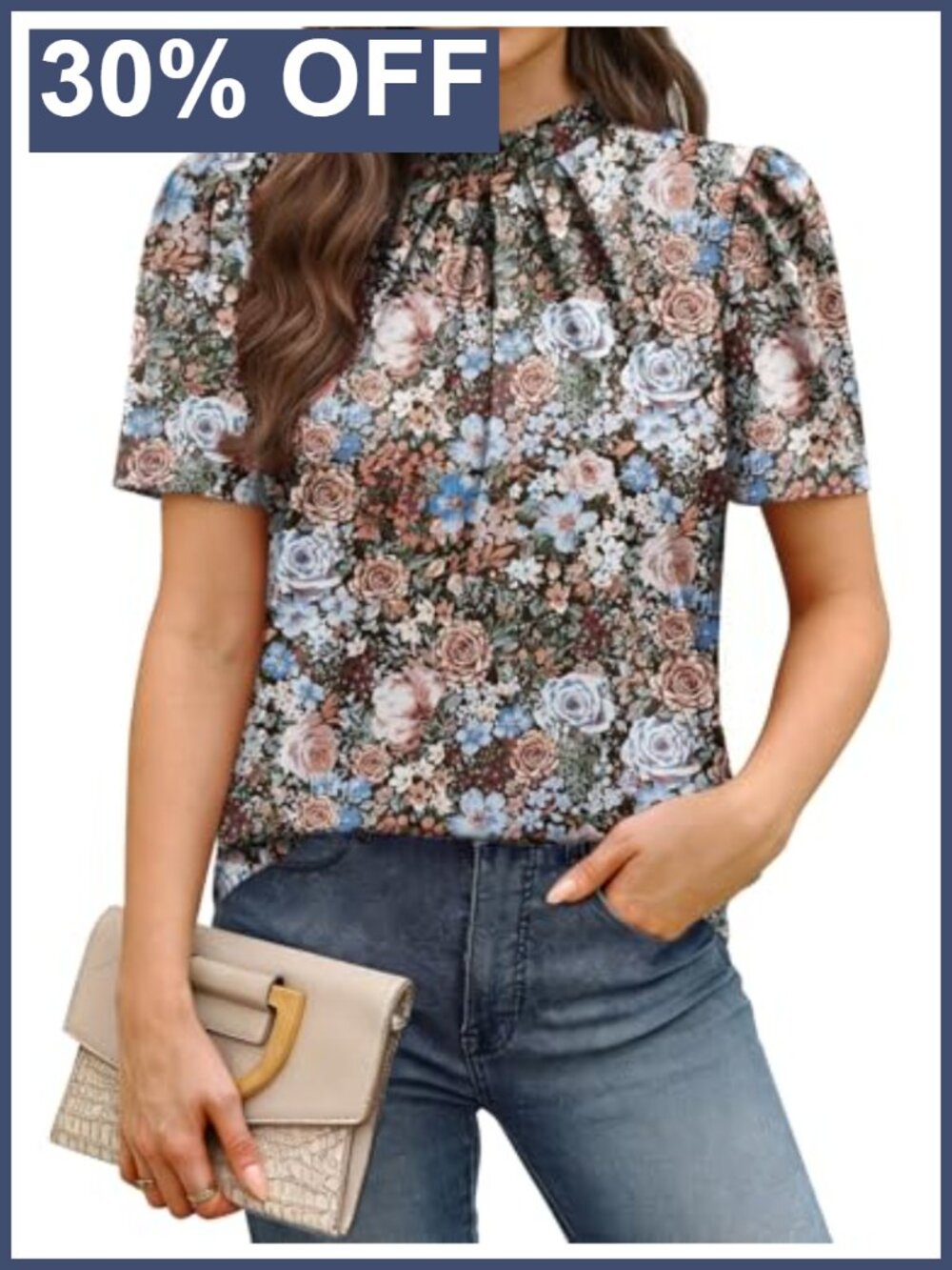 Womens Puff Sleeve Mock Neck Pleated Blouse Business Casual Top